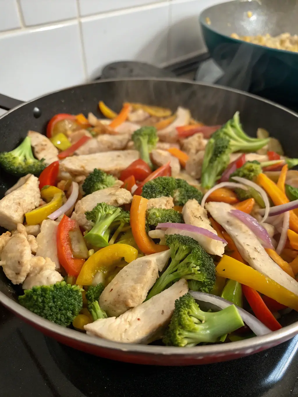 Quick Weeknight Dinners recipe: Chicken stir-fry with fresh vegetables in a skillet